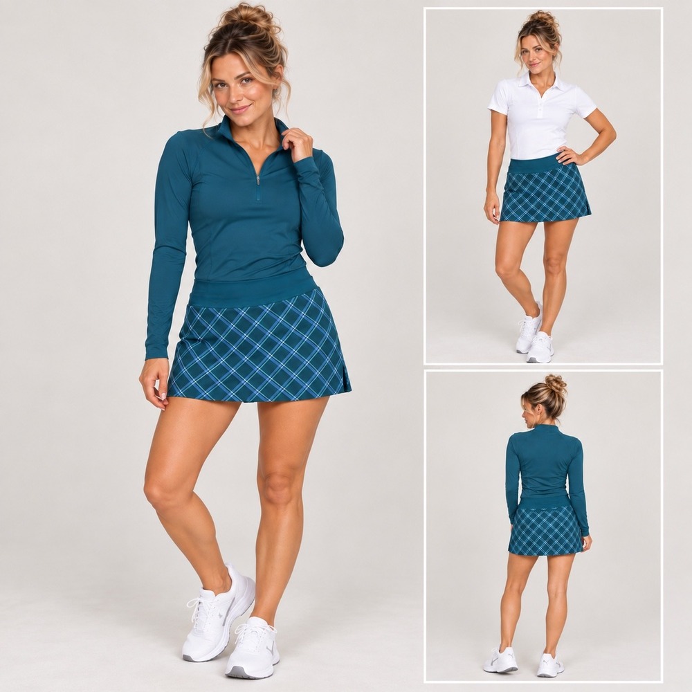 PUMA Hudson Plaid Skort PWRSHAPE Golf Tennis Small Ocean Tropic Blue Skies